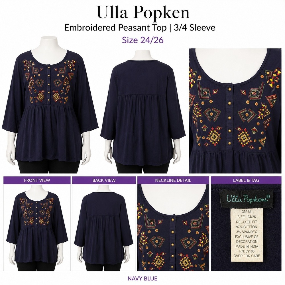 Ulla Popken Navy Blue Embroidered Peasant Top 3/4 Sleeve Plus Size 24/26 35575